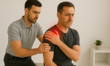 rehabilitasyon tedavisi uygulayan bir fizyoterapist Ömer İpek ve omuz ağrısı olan hasta